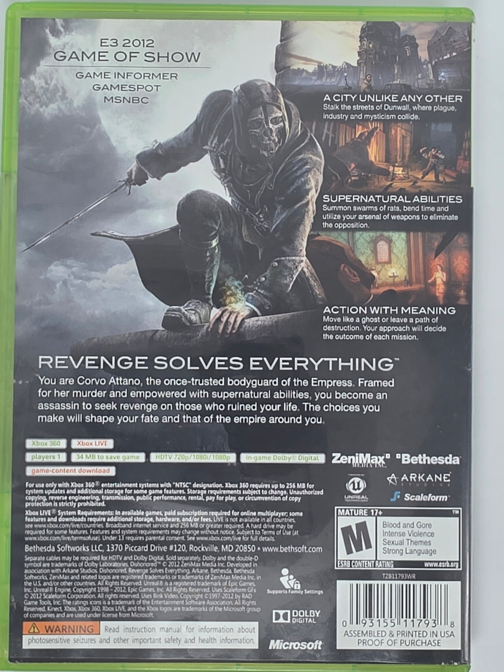 Dishonored Xbox 360 Case and Disc Tested Working