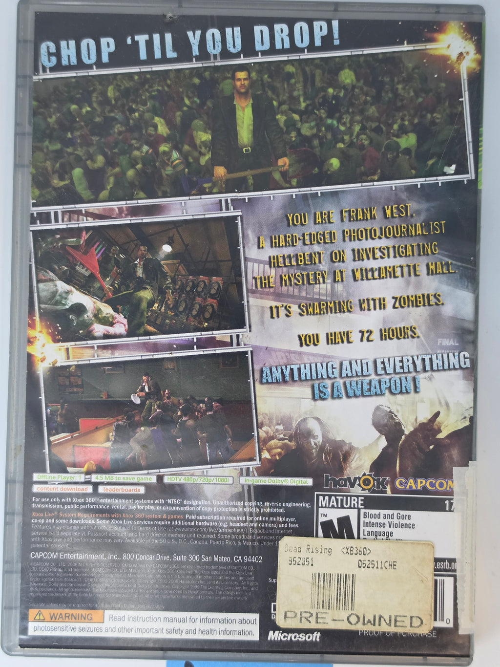Dead Rising Xbox 360 CIB Platinum Hits Case Manual Disc