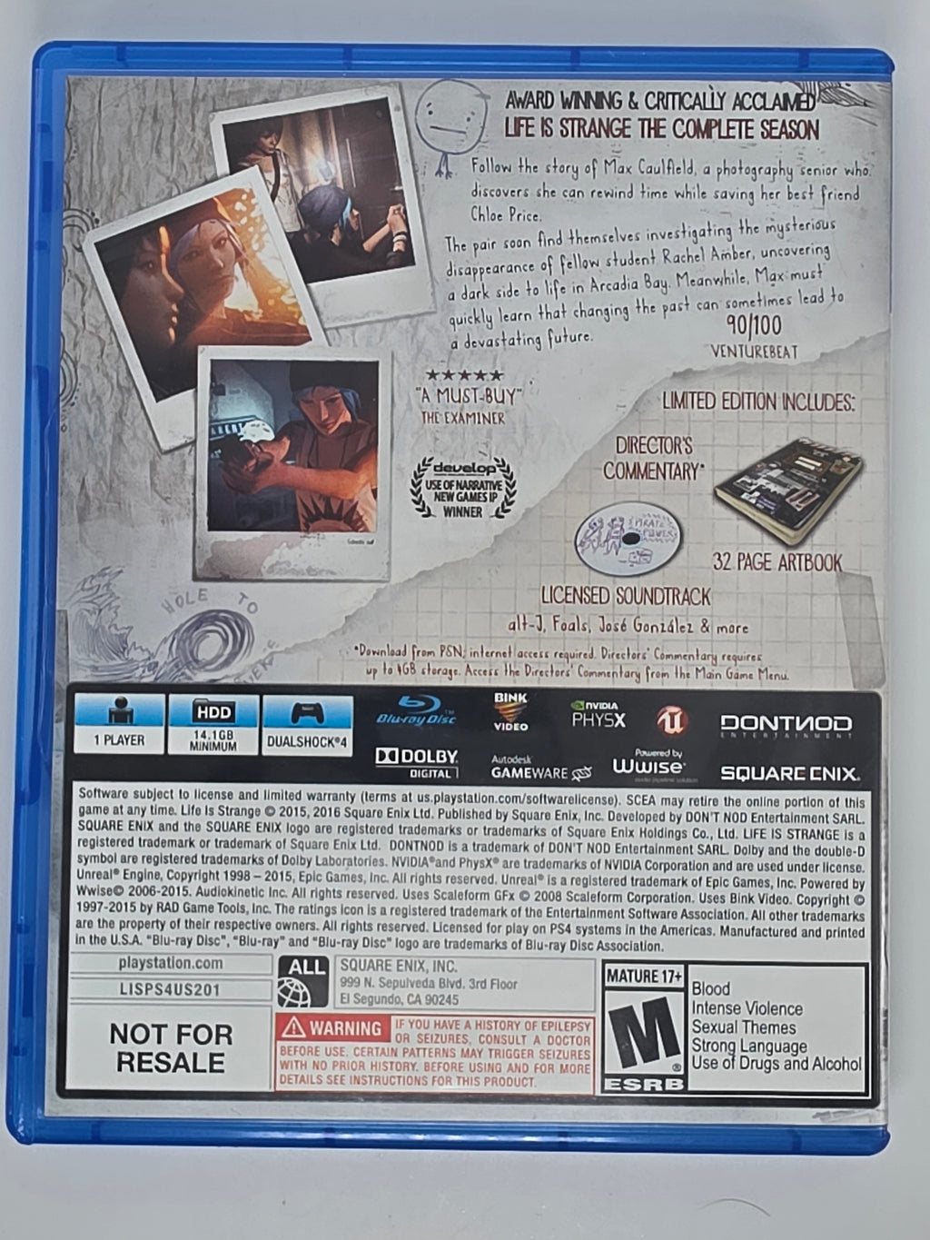 Life Is Strange PlayStation 4 Case and Disc Tested Working