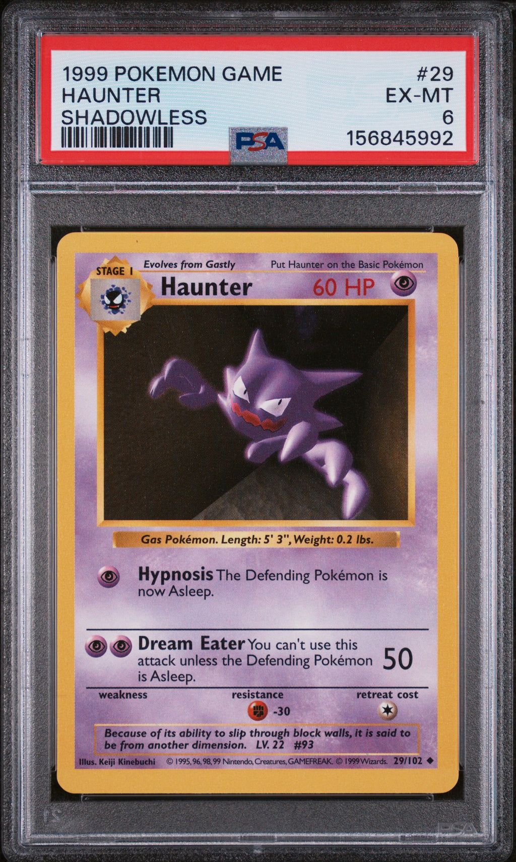 1999 Pokemon Haunter Shadowless #29 PSA 6 EX-MT Card