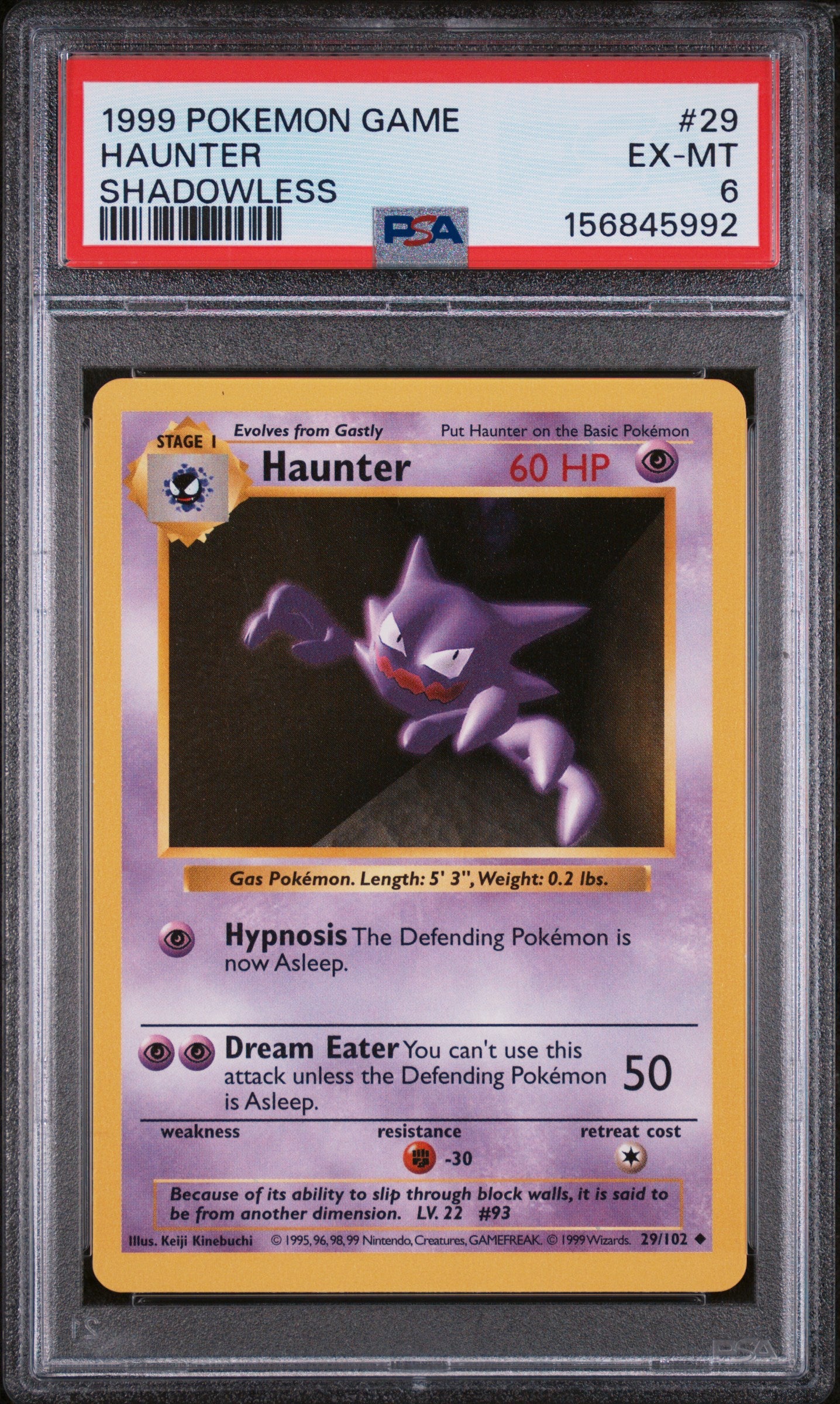 1999 Pokemon Haunter Shadowless #29 PSA 6 EX-MT Card