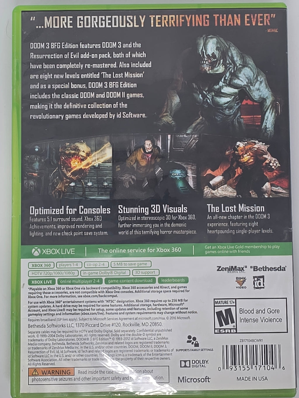 Doom 3 BFG Edition Xbox One CIB Tested Working